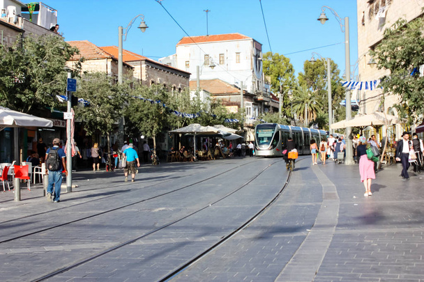 Jerusalem Israel May 24, 2018 View of the tramway in Jaffa street in Jerusalem afternoon - Photo, Image