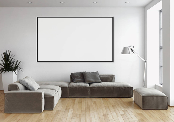Modern, világos belső terek apartman makett plakát keret 3d rendering illusztráció - Fotó, kép