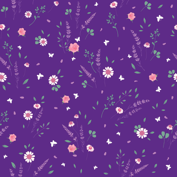 Purple roses daisies ditsy seamless pattern - Vektor, kép