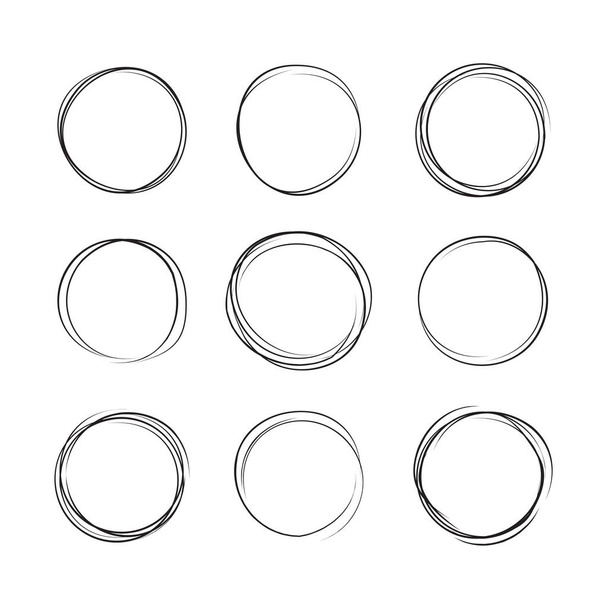 Ручной рисунок кругов чернил. Циркулярные рисунки каракули для круглых рам, изолированных на белом с местом для текста. Имитация рукописного карандаша
 - Вектор,изображение