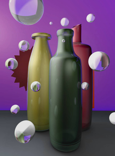 3d renderizar ilustração de arte de natureza morta com garrafas de cor na mesa
 - Foto, Imagem
