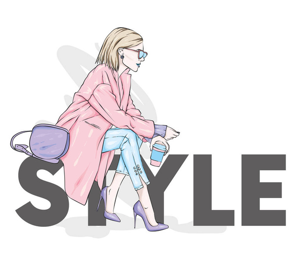 Beautiful, tall and slender girl in a stylish coat, trousers, glasses, with glasses. Stylish woman in high-heeled shoes. Fashion & Style. Vector illustration. - Vector, afbeelding