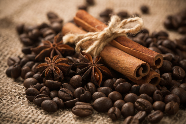 cinnamon rolls on the roasted coffee beans. macro - Foto, Bild