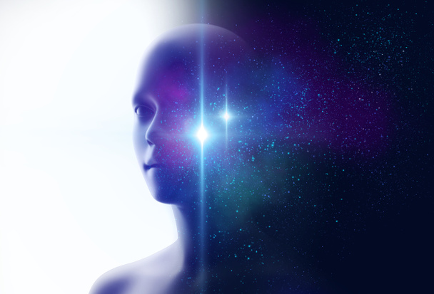 silhueta de humano virtual e nebulosa cosmos 3d ilustração, representam conceito científico
 - Foto, Imagem