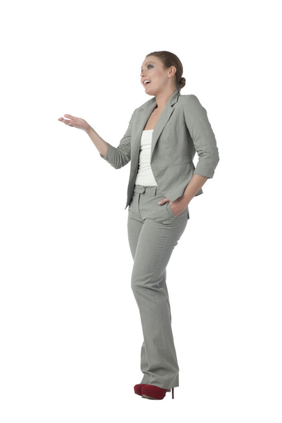 a cheerful businesswoman in talking to someone gesture - Foto, Imagem