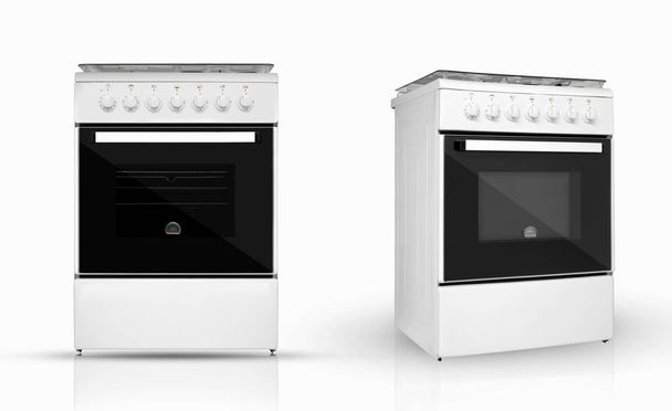 современная бытовая кухонная печь в двух положениях обзора на белом фоне. кухонная техника. Isolated
 - Фото, изображение