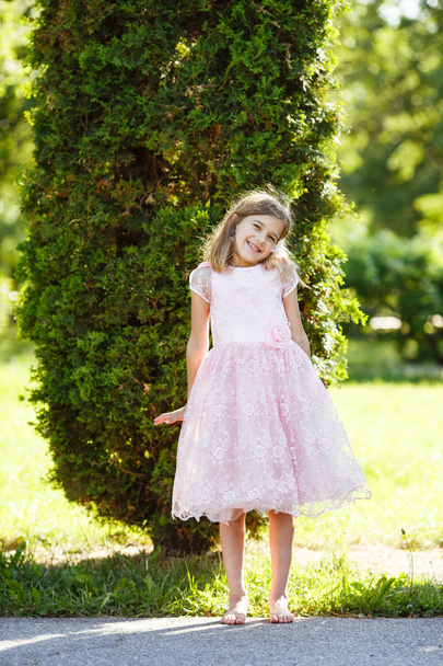 Portrait of a cheerful girl in a lush pink dress in the park on the Sunset. - Foto, Imagem