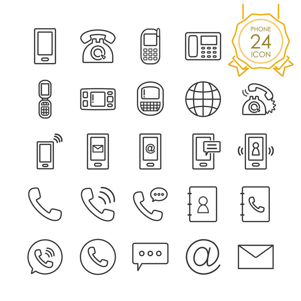 Set of phone, telephone or mobile icons and mail, media, communications symbols on white background, Vector illustration. - Vector, Image