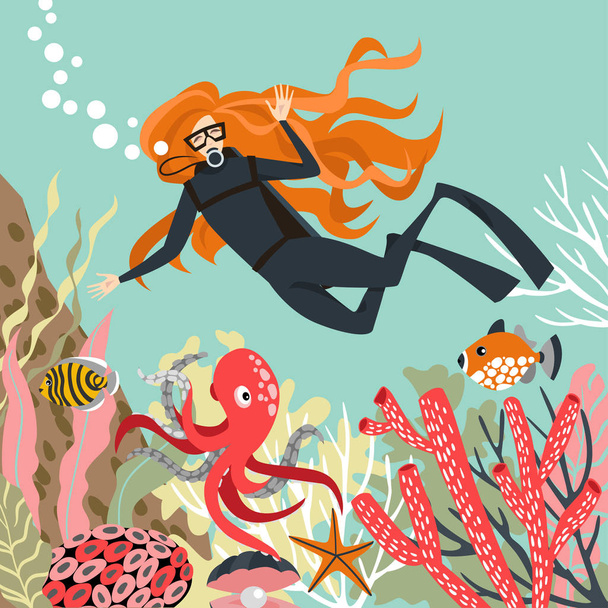 Прыгун с акваланга исследует коралловый риф. Векторная иллюстрация в стиле мультфильма
 - Вектор,изображение