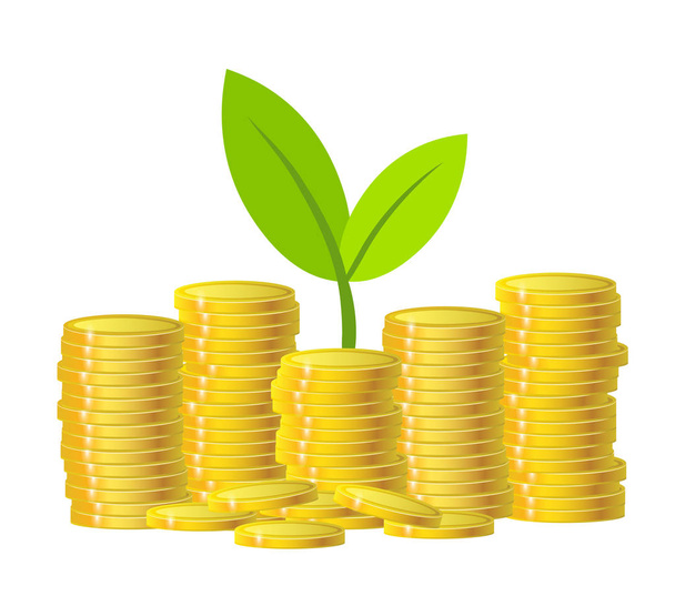 vert plante et pièces d'argent or sur fond blanc. fonds de croissance concept d'économie. design coloré. illustration vectorielle de stock
 - Vecteur, image