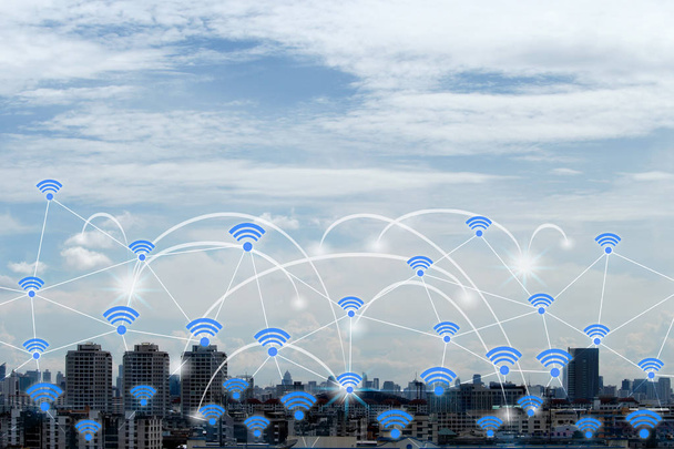 Wifi icons and cityscape network, Internet of global business concept. - Photo, Image