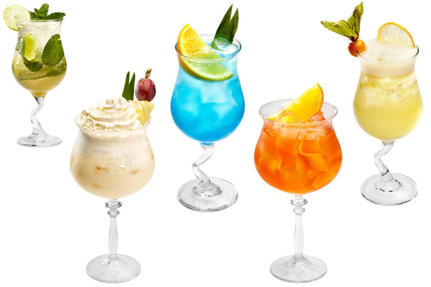 Five decorative colored cocktails with exotic fruits and cream, isolated on white background. - Foto, Imagen