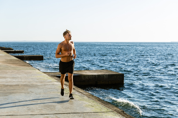 sportowy dorosły człowiek shirtless jogging na seashore - Zdjęcie, obraz