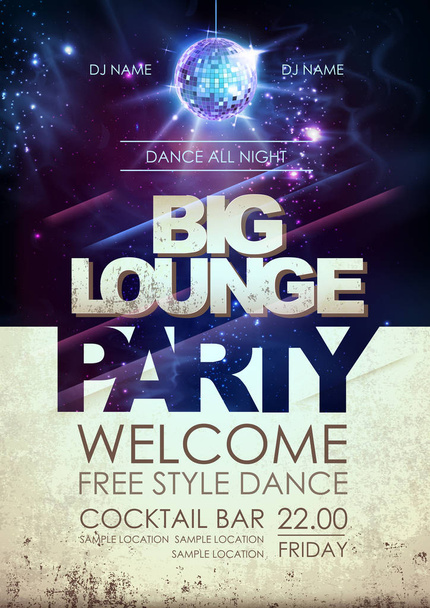 Disco ball background. Disco big lounge party poster on open space background - Vector, Image