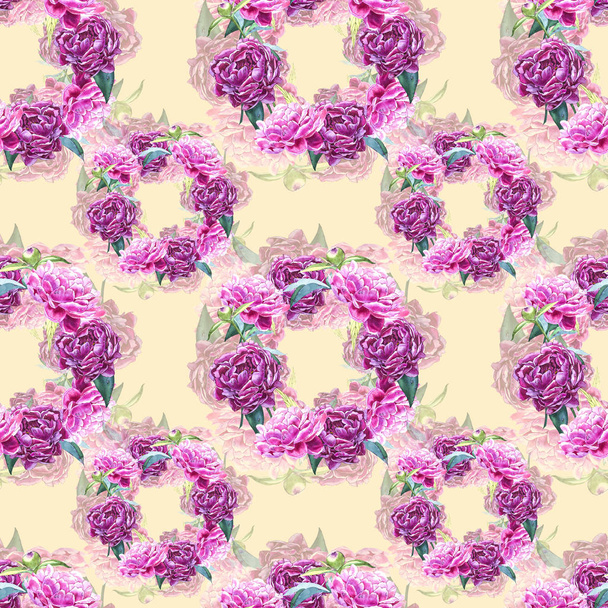 Seamless background with peony flowers. Watercolor illustration. Graphic hand drawn floral pattern. Textile fabric design. - Valokuva, kuva
