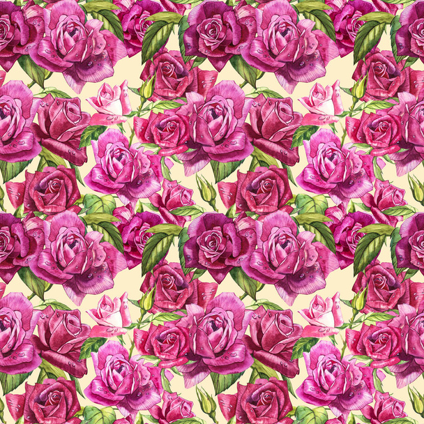 Natural pink roses background. Seamless pattern of red and pink roses, watercolor illustration. - Фото, изображение