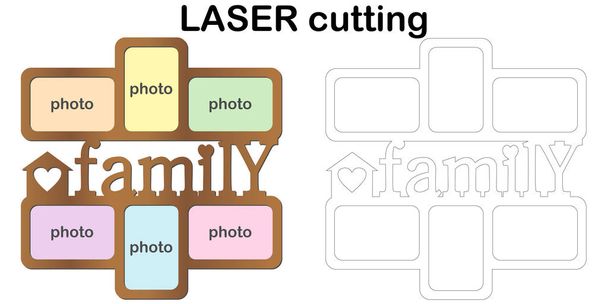 Rám na fotografie s nápisem "Rodiny" pro laserové řezání. Koláž z fotorámečků. Šablony laserové řezací zařízení pro dřevo a kov - Vektor, obrázek