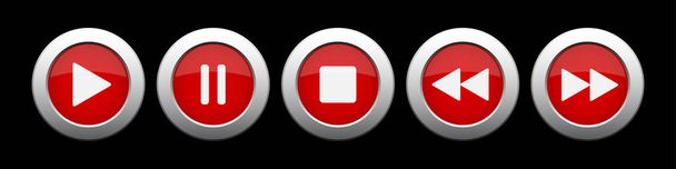 red metallic music control buttons set - five icons in front of a black background - Vector, Image
