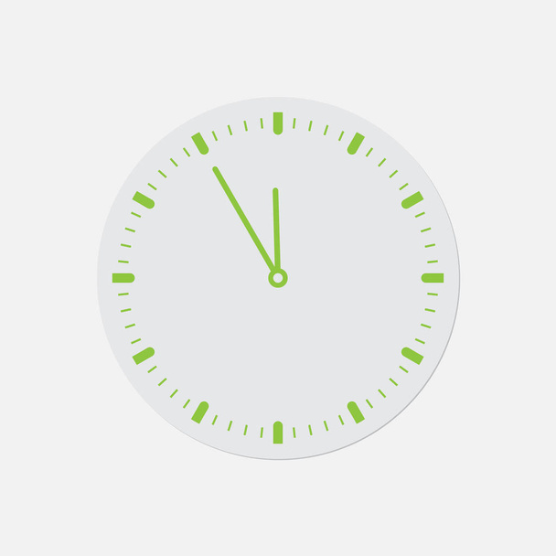 eenvoudige groene icoon met licht grijze contour en shadow - last-minute klok op een witte achtergrond - Vector, afbeelding