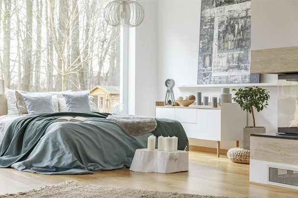 King-size bed with a cozy bedding, large window, shelves and a painting in a spacious bedroom interior with fireplace - Foto, Bild