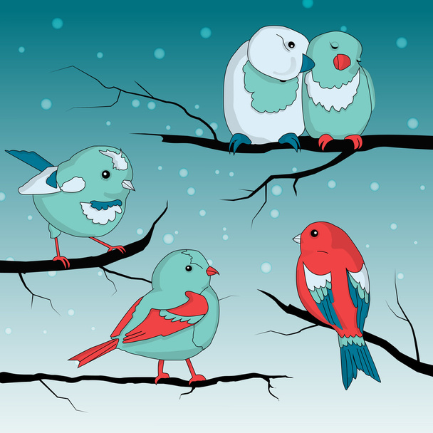 Cute little birds on wintry landscape - Vector, Image