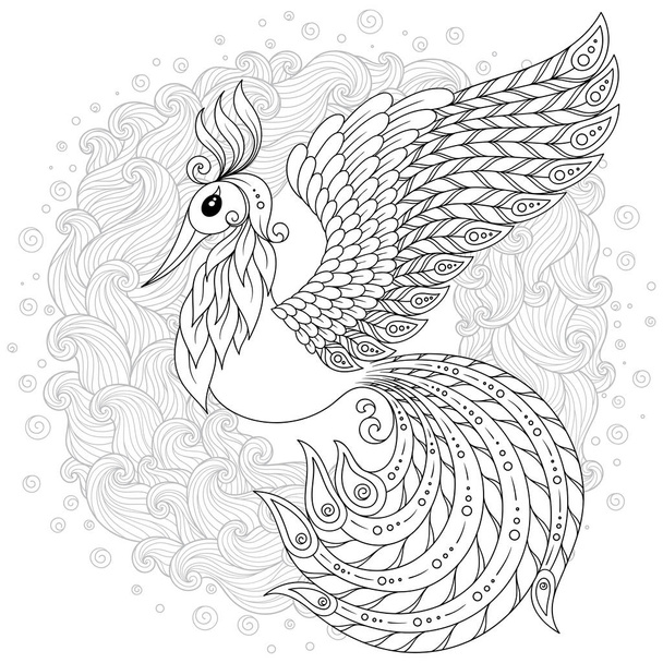 Cute bird in fantasy flower garden. Animals. Hand drawn doodle. Ethnic patterned illustration. African, indian, totem tatoo design. Sketch for avatar, tattoo, poster, print or t-shirt. - Vetor, Imagem