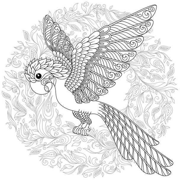 Exotic bird,fantastic flowers,branches, leaves. Contour thin line drawing. Vector fantasy stylized cockatoo jungle parrot silhouette.T-shirt print. Coloring book page for adults and children. Black White - Vettoriali, immagini