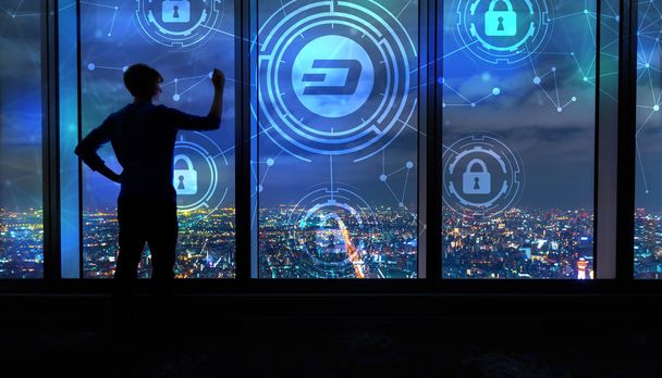 Dash Kryptowährung Sicherheitsthema mit Mann durch große Fenster - Foto, Bild