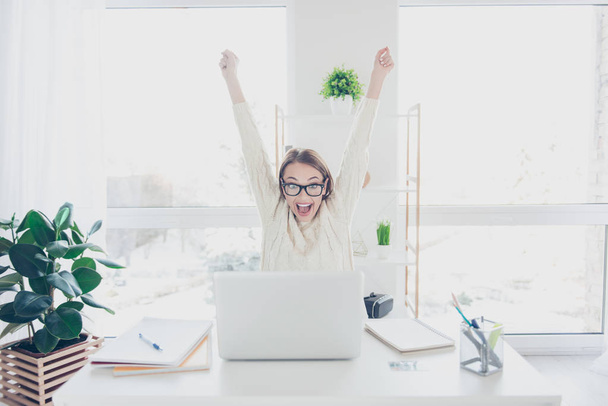 Portrait of positive glad woman holding hands up yelling looking at screen of laptop celebrating achievement successfully completed job project presentation - Photo, image