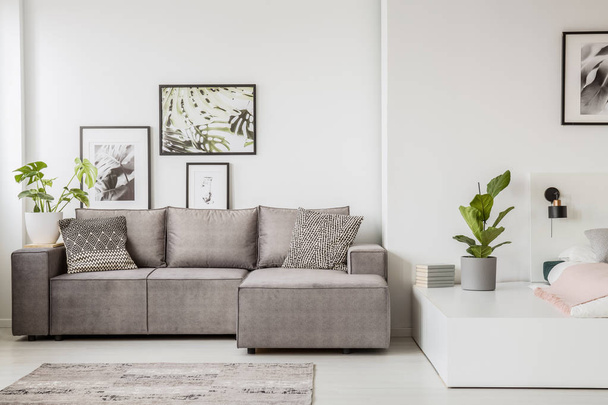 Patterned pillow on grey corner sofa in living room interior with plant and poster. Real photo - Foto, afbeelding