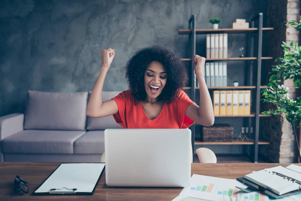 Portrait of cheerful positive freelancer looking at screen of laptop holding arms up yelling celebrating victory achievement successfully completed project sitting in modern comfortable office - Foto, Imagen