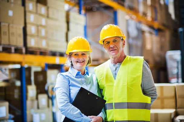 Senior woman manager and man worker standing in a warehouse. - Foto, imagen