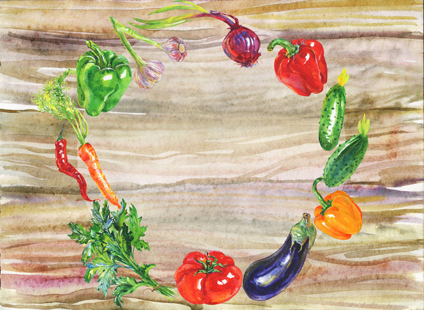 Акварельна паприка, цибуля, часник, баклажани, петрушка, огірок, морква, перець чилі, помідор. Картина свіжих овочів на дерев'яному фоні. Ручна намальована фонова ілюстрація
 - Фото, зображення