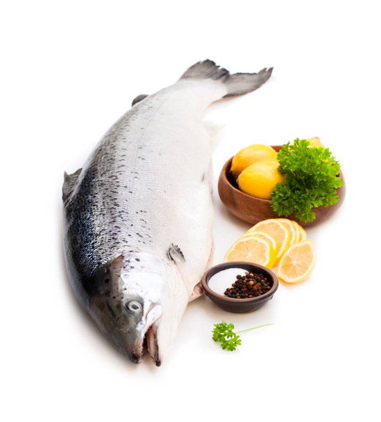 Gros plan sur un saumon cru entier au citron et sel isolé sur blanc
  - Photo, image