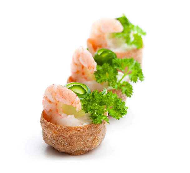 Salted  croustades crispy pastry stuffed with cream cheese and prawns isolated on white  - Fotoğraf, Görsel