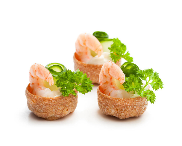Salted  croustades crispy pastry stuffed with cream cheese and prawns isolated on white  - Fotoğraf, Görsel