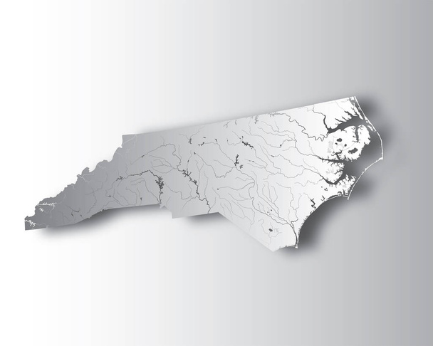 U.S. stelt - kaart van Noord-Carolina met papier knippen effect. Met de hand gemaakt. Rivieren en meren worden weergegeven. Neem een kijkje op mijn andere beelden van cartografische serie - ze zijn alle zeer gedetailleerd en zorgvuldig met de hand getekend met rivieren en meren. - Vector, afbeelding