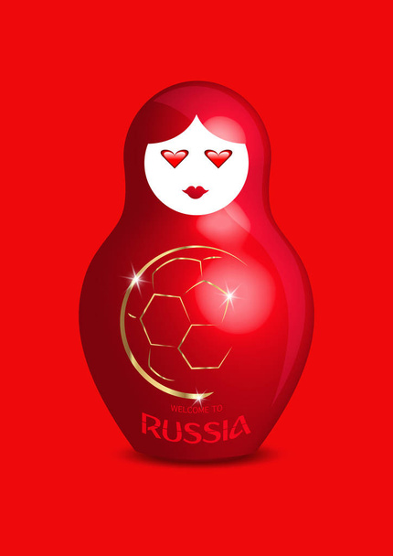 Russische Nistpuppe Matrioshka, traditionelles Symbol Russlands mit goldener abstrakter Fußballpokaltrophäe. Vektor-Illustration isoliert auf rotem Hintergrund - Vektor, Bild
