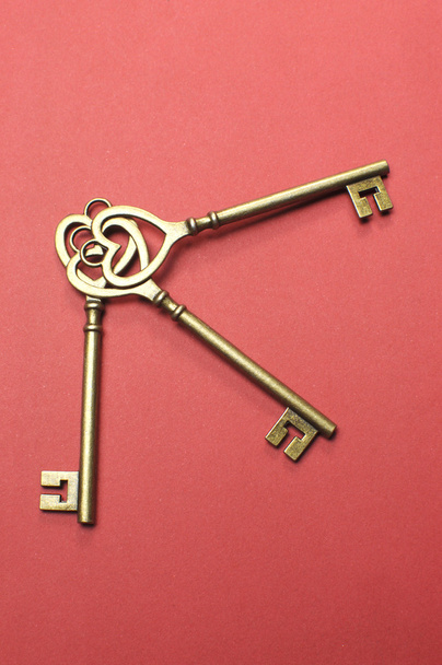 Bunch of gold heart keys on red background. - Foto, Imagen