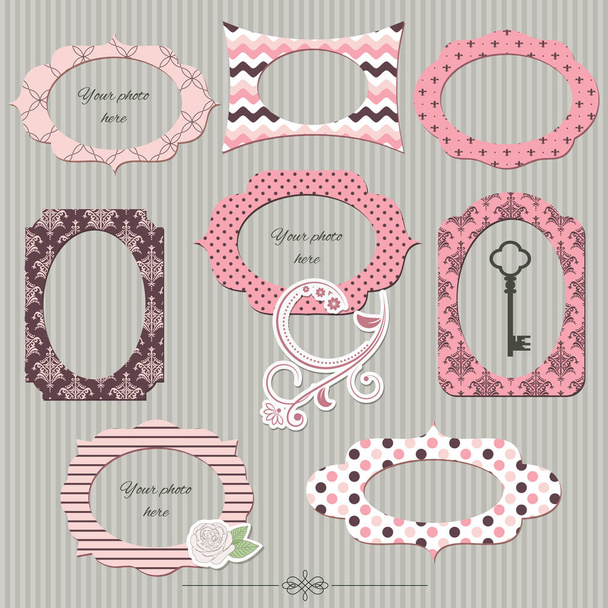 Scrapbook design elements. Textile vintage photo frames and floral decor. Girly. - Vettoriali, immagini