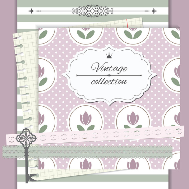 Scrapbook design elements - antique key, lace, note page, frame and two seamless patterns. - Wektor, obraz
