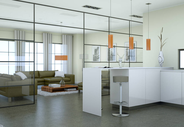 Современный минималистский интерьер гостиной в стиле лофт с диванами
 - Фото, изображение