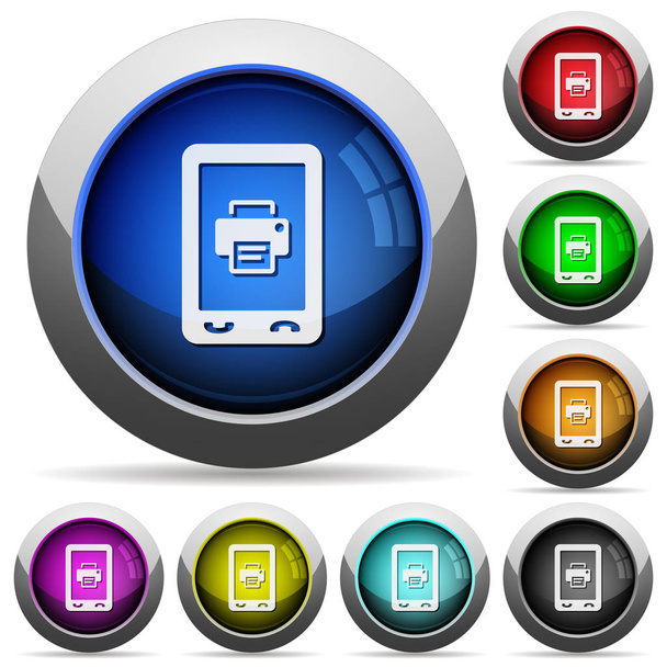 Ícones de impressão móveis em botões brilhantes redondos com armações de aço
 - Vetor, Imagem