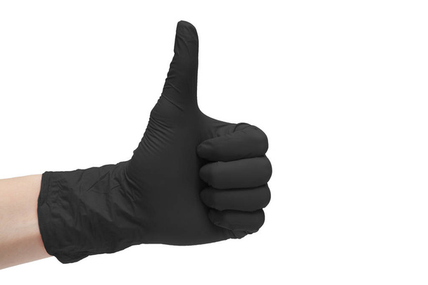 Like sign icon made of black medical gloves. Hand finger up symbol. Thumbs up gesture. Isolated on white background - 写真・画像
