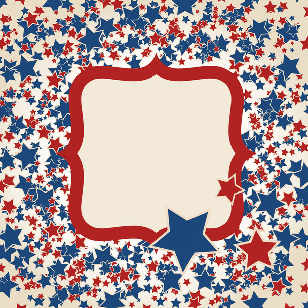 American patriotic background. United States blank frame with space for text. Independence day design template. Scattered small stars square backdrop. - Вектор,изображение