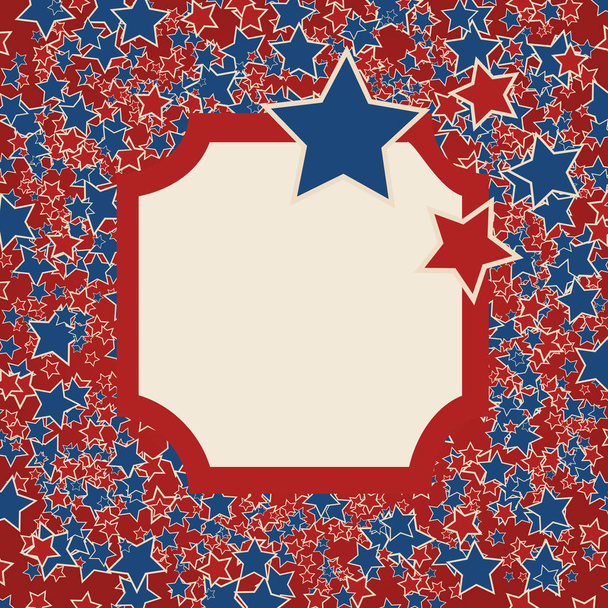 American patriotic background. United States blank frame with space for text. Independence day design template. Scattered small stars over red square backdrop. - Вектор,изображение