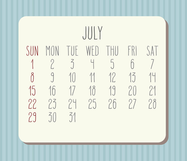 July year 2018 vector hand drawn calendar. Beige plank over blue stripes background. Week starting from Sunday. - ベクター画像