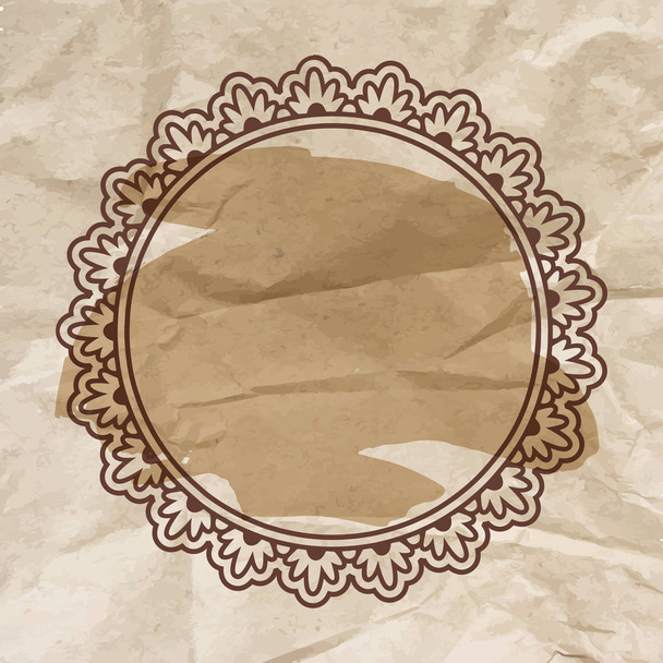 Round floral ornamental blank frame in vintage brown over crumpled craft paper. Vector background illustration with artistic bush stroke. - Vektör, Görsel