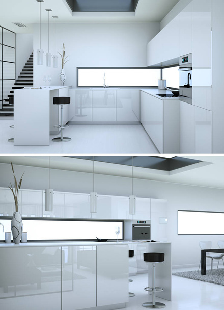 Modern beyaz mutfak iç tasarım iki kez bakıldı - Fotoğraf, Görsel