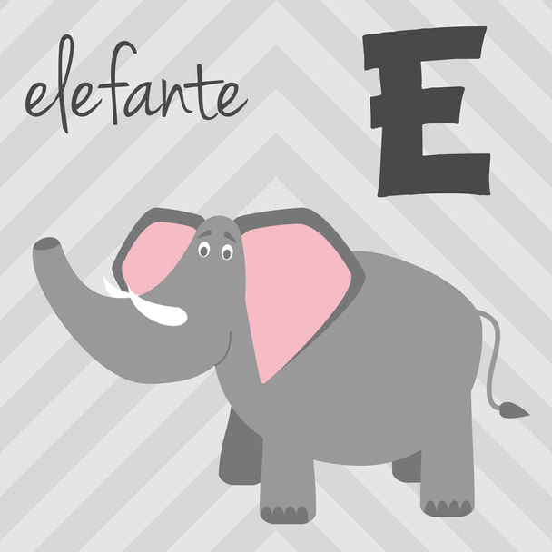 Schattige cartoon dierentuin geïllustreerd alfabet met grappige dieren. Spaans alfabet: E voor Elefante. Leren lezen. Geïsoleerde vectorillustratie. - Vector, afbeelding